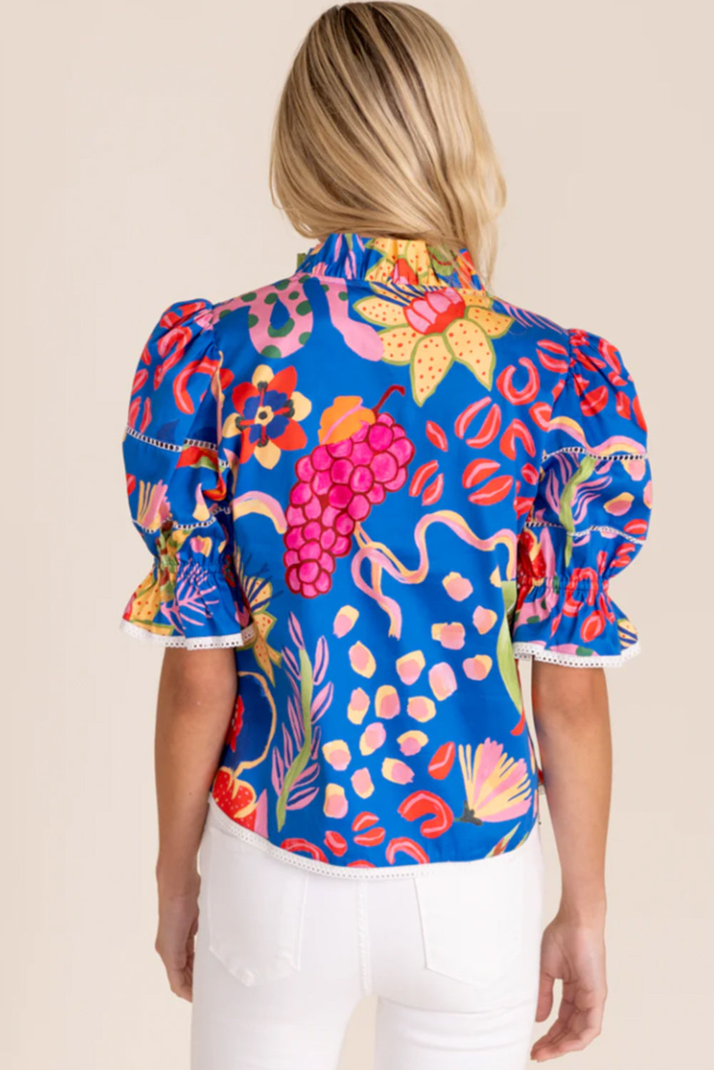 Abstract Print Frilled Collar Ruffled Puff Short Sleeve Top