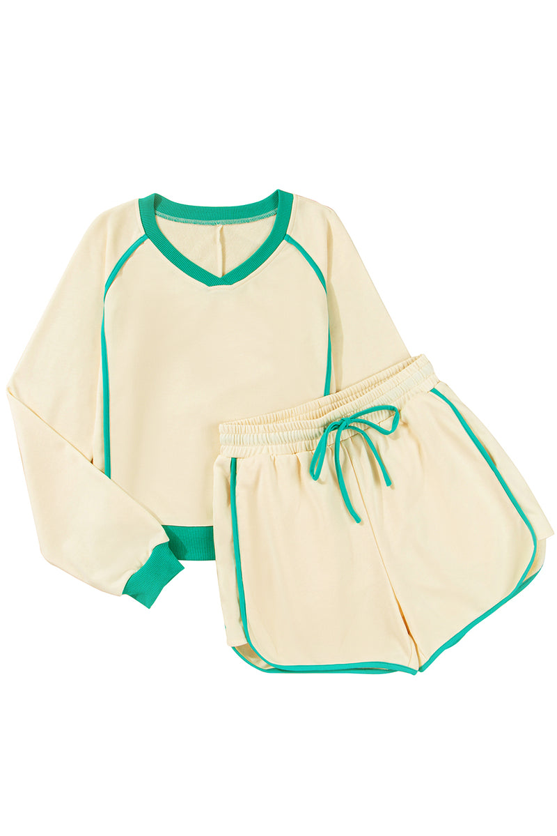 Contrast Trim Colorblock Long Sleeve Pullover and Drawstring Shorts 2pcs Outfit