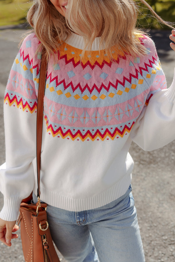 Ethnic Geometric Colorblock Print Drop Shoulder Sweater