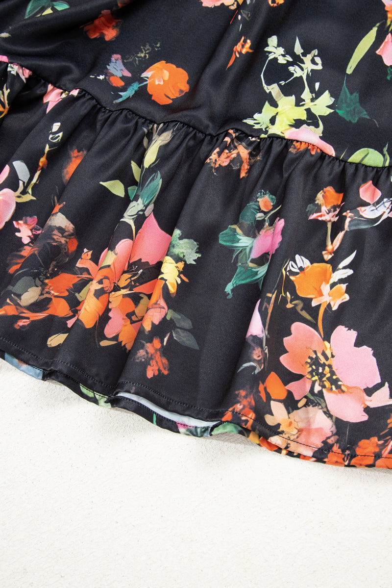 Plus Size Floral Print Tie Neck Cinched Waist Long Sleeve Mini Dress