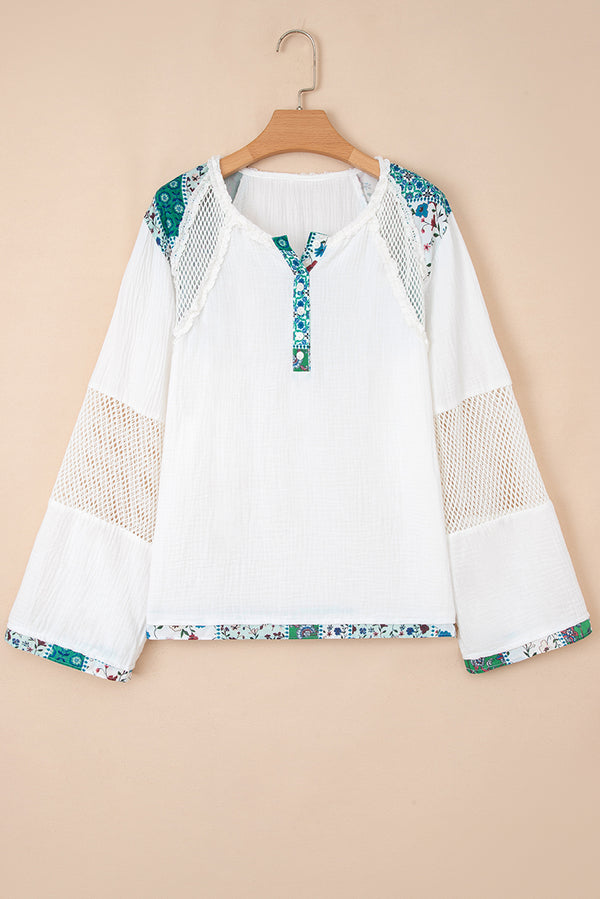 Plant Mesh Patched Color Block Half Button Blouse