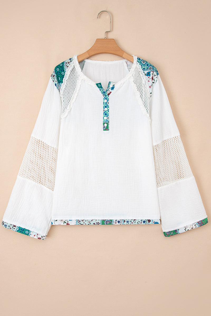 Plant Mesh Patched Color Block Half Button Blouse