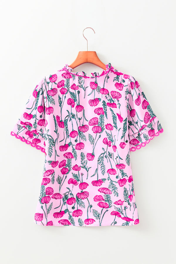 Floral Lace Detail Frilled V Neck Summer Blouse