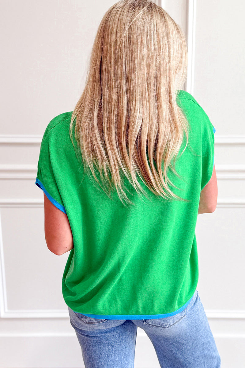 Contrast Trim Round Neck Short Sleeve Loose Knit Sweater