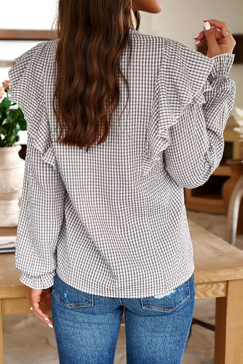 Plaid Flounce Sleeve Notched Neck Ruffled Shirt