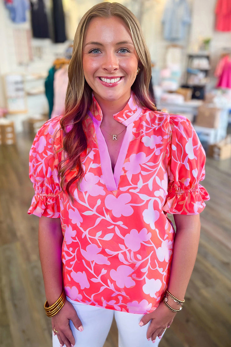 Floral Split V Neck Ruffled Short Sleeve Blouse Top