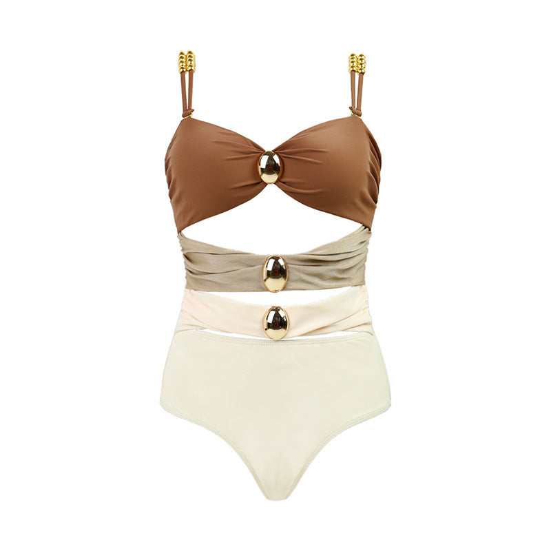 Cut Out Color block One Piece Swimsuit Ruched Swimwear Bathing Suit With Removable Straps