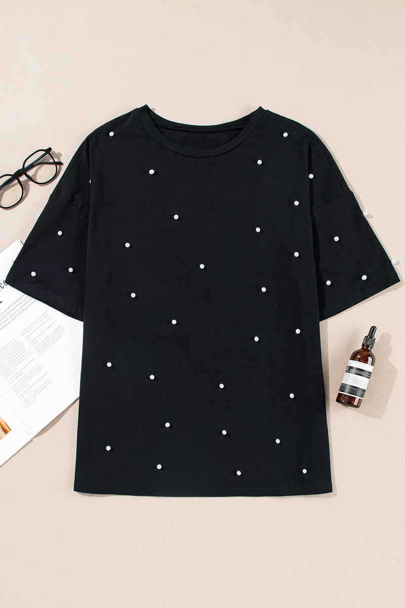 Solid Pearl Beaded Drop Shoulder Crewneck T Shirt