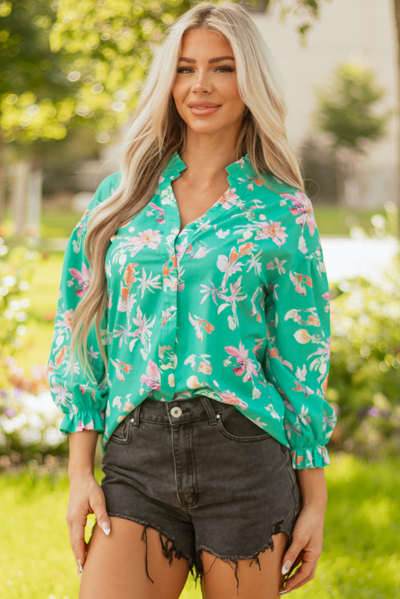 Floral Lantern Sleeve Button Front Shirt