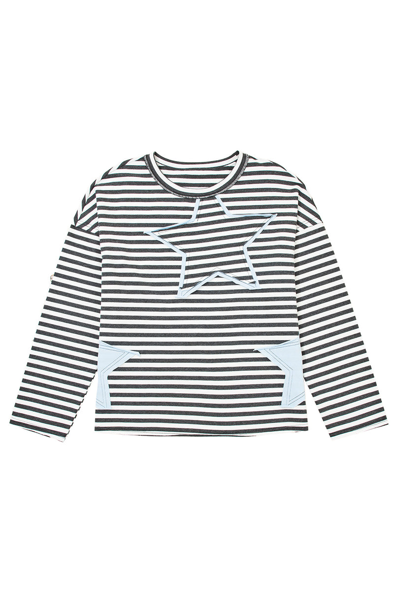 Stripe Starry Patch Drop Shoulder Raw Edge Casual Knit Top
