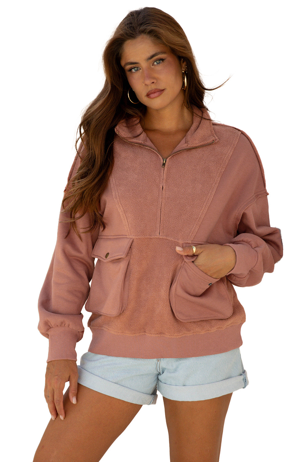 Exposed Seam Side Pockets Half Zipper Baggy Sweatshirt