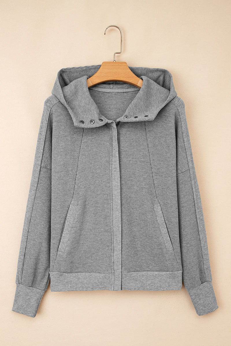 Waffle Splicing Zip Up Front Button Hooded Jacket