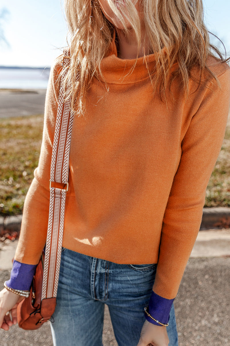 Orange Color Contrast Edge Mock Neck Slim Fit Sweater