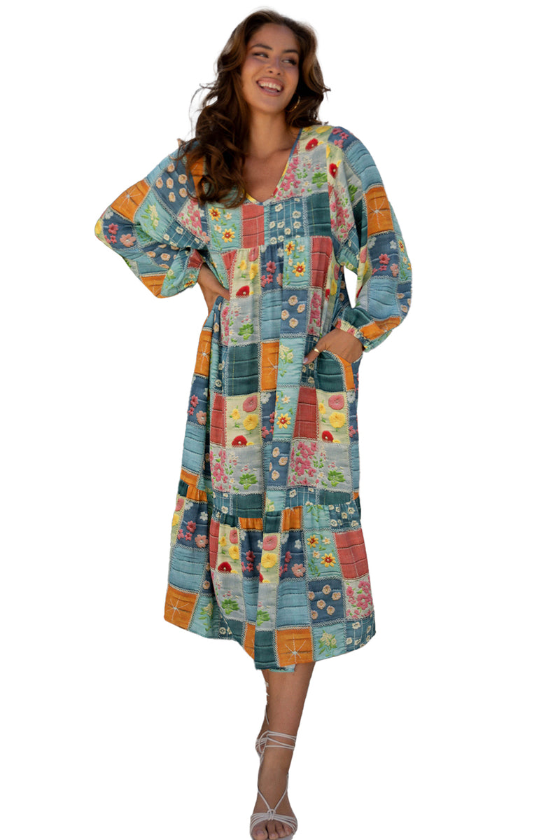 Multicolour Mix Floral Checkered Pattern Bubble Sleeve Ruffle Hem Dress