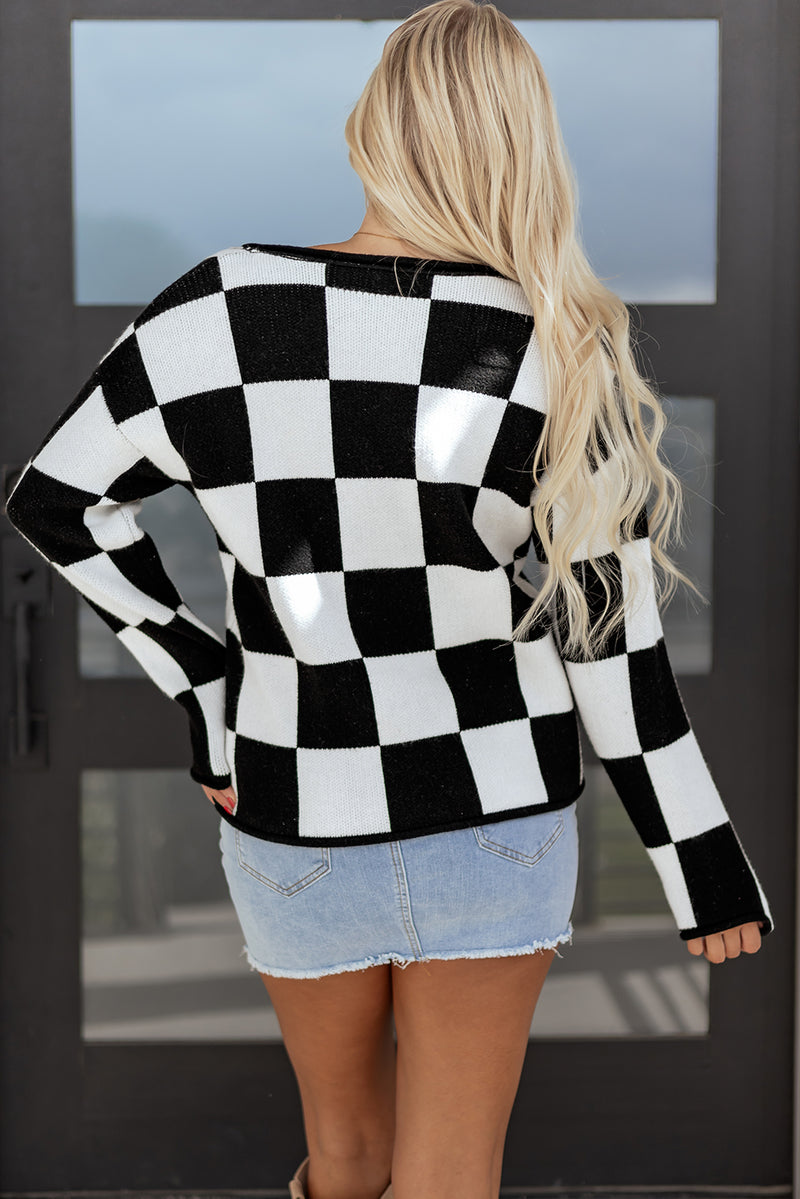 Checked Notched Neckline Drop Shoulder Knit Sweater