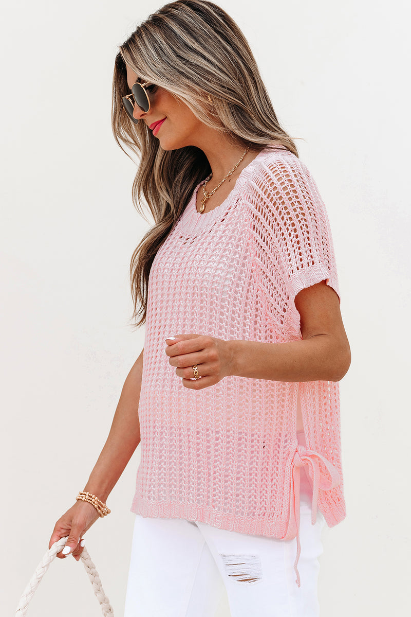 Hollow-out Crochet Side Tied Short Sleeve Sweater