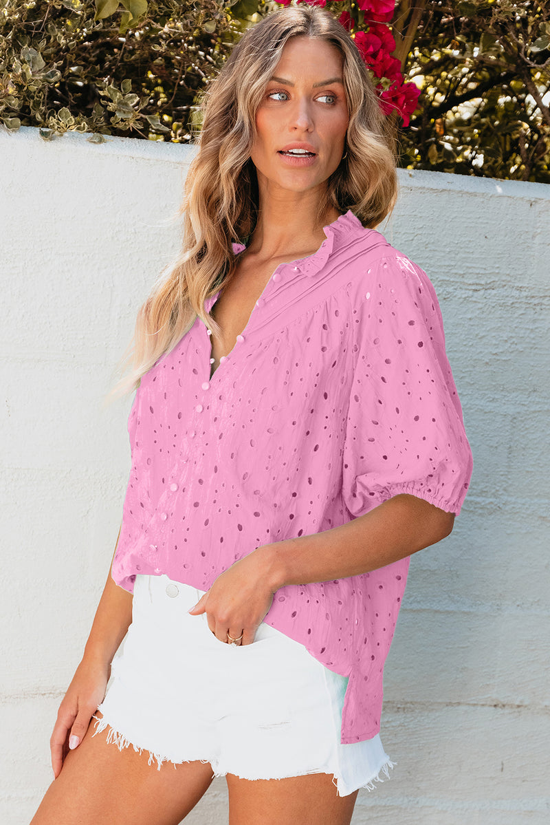 Flower Embroidered Hollow-out Puff Sleeve Blouse