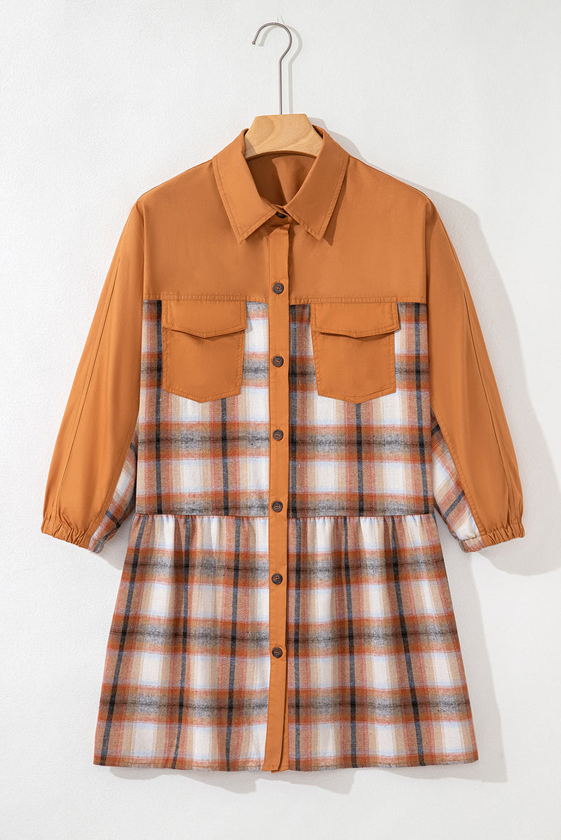 Plaid Color Block Patchwork Ruffle Hem Tunic Shirt Dress