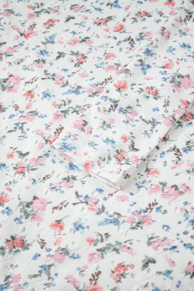 White Floral Print Textured Square Neck Slim Fit Long Sleeve Top