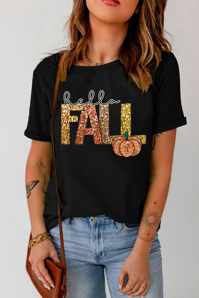Hello Fall Letter Pumpkin Printed Thanksgiving T Shirt