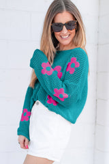 Teal Big Flower Hollowed Knit Drop Shoulder Sweater