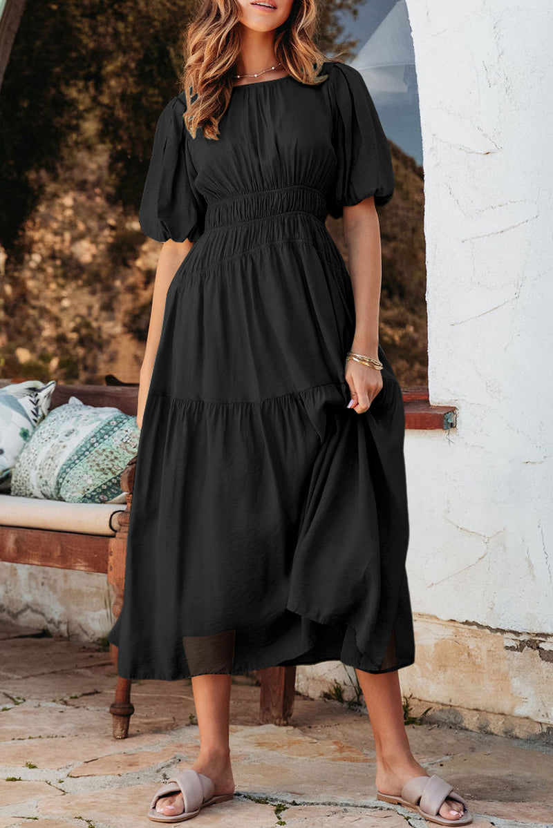 Solid Puff Sleeve Pleated High Waist Flowy Midi Dress
