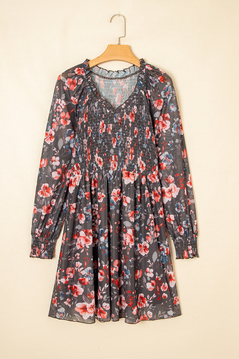 Frilly Smocked Bodice Floral Mesh Long Sleeve Mini Dress