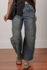 Exposed Stitching Loose Straight High Waist Jeans