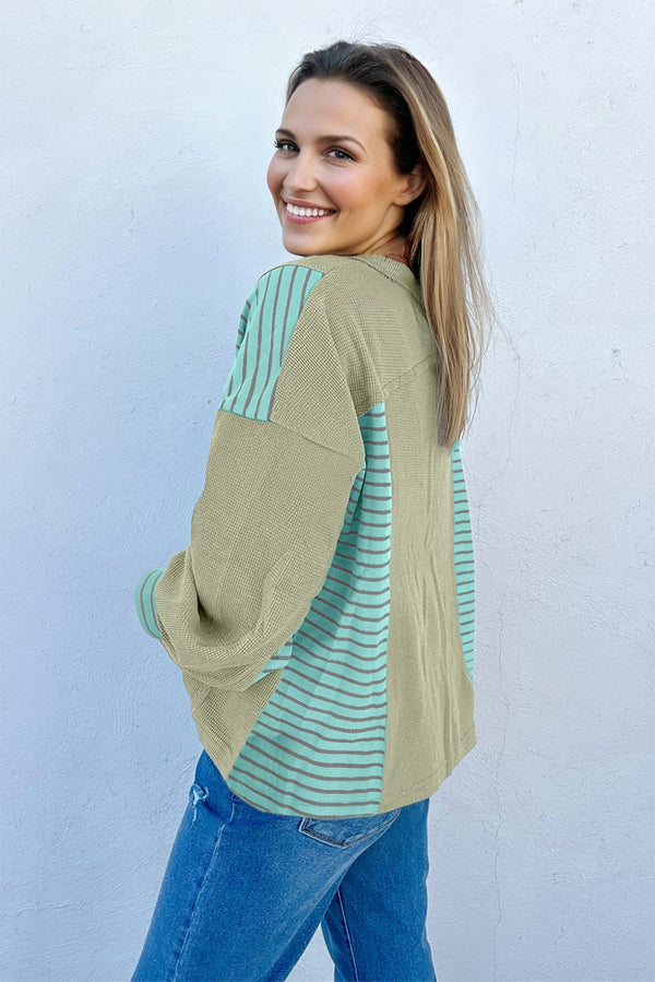 Exposed Seam Waffle Striped Patchwork Baggy Pullover