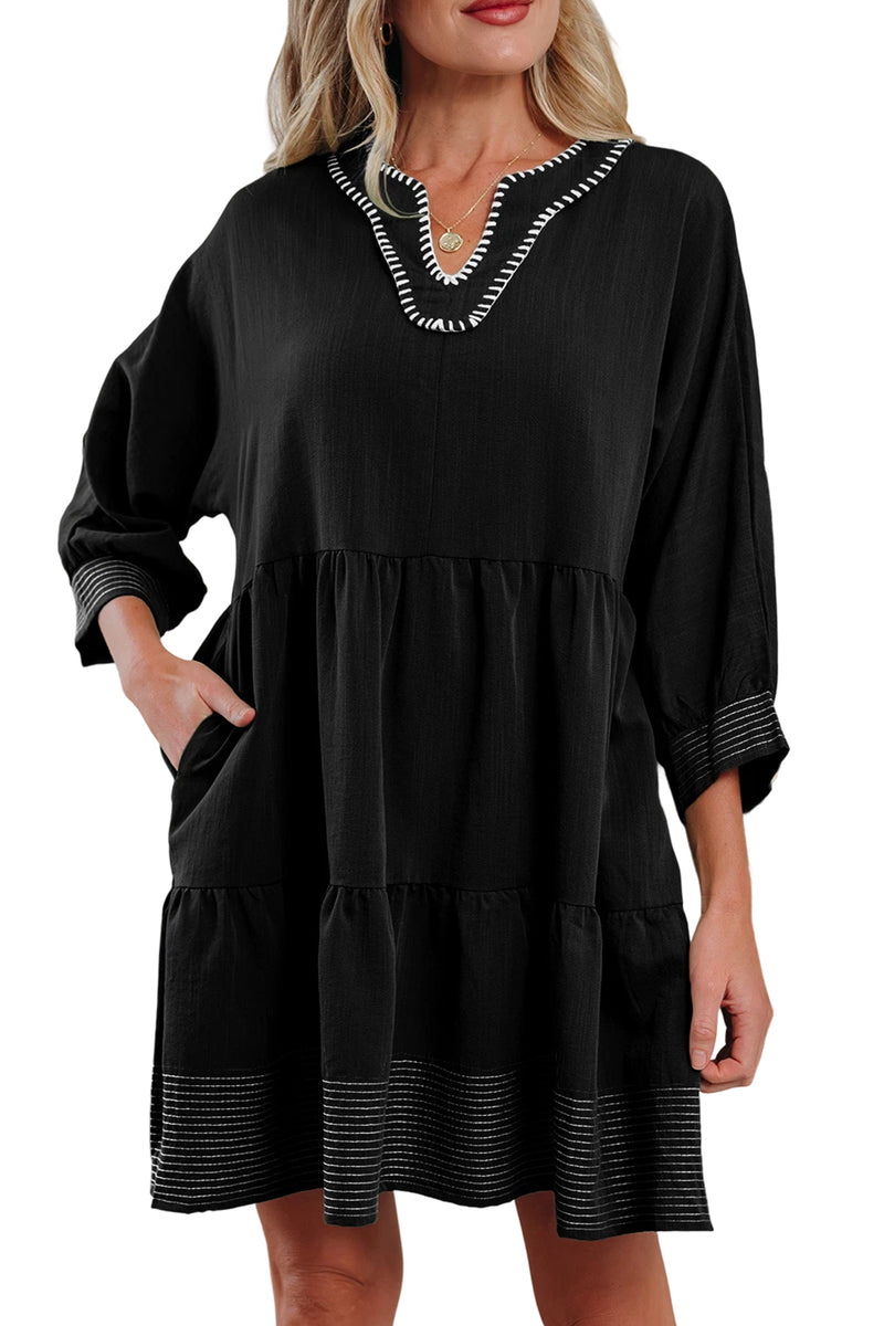 Contrast Stitched V Neck 3/4 Sleeve Tiered Mini Dress