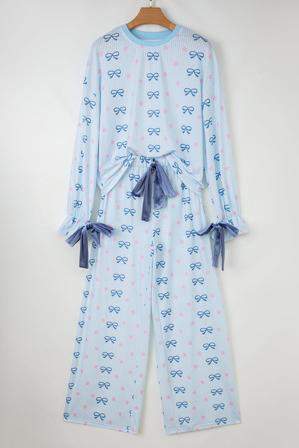 Stripe Bow Star Print Tied Detail 2pcs Lounge Set