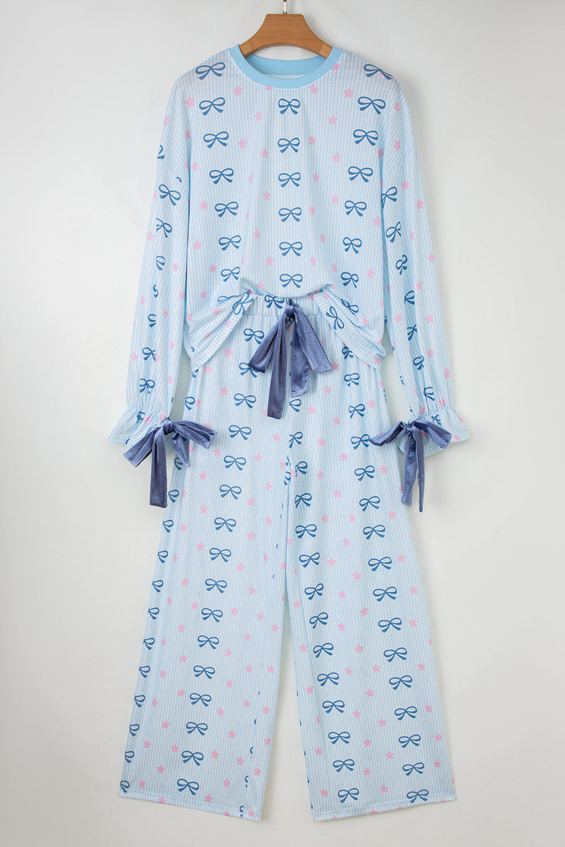 Stripe Bow Star Print Tied Detail 2pcs Lounge Set