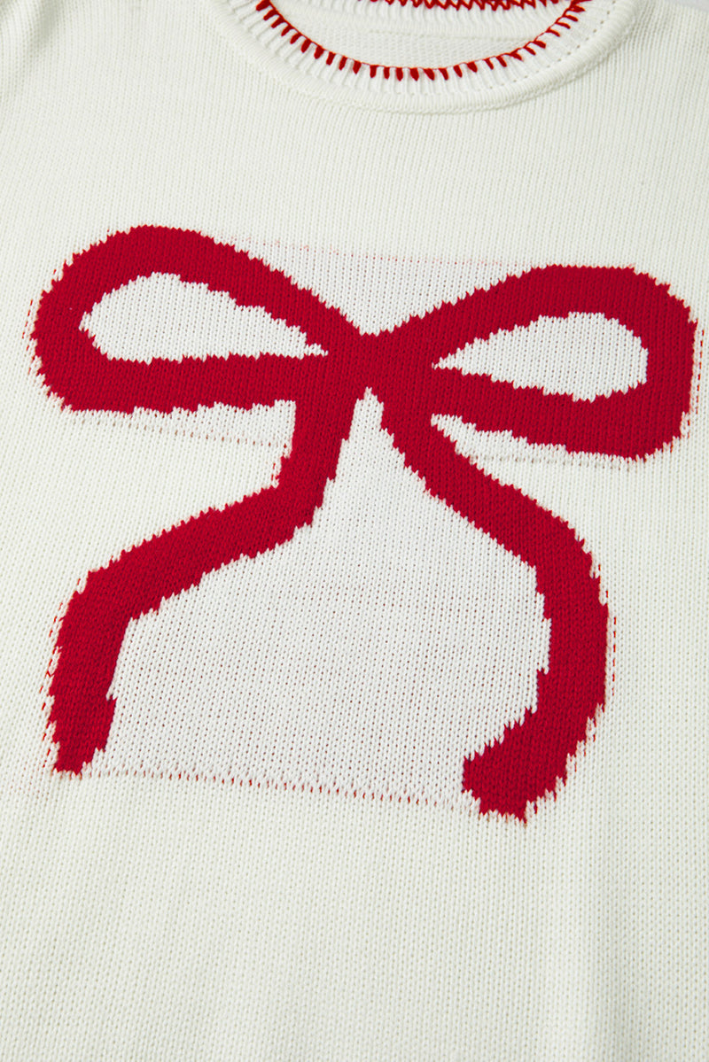 Bow Pattern Contrast Trim Christmas Loose Graphic Sweater