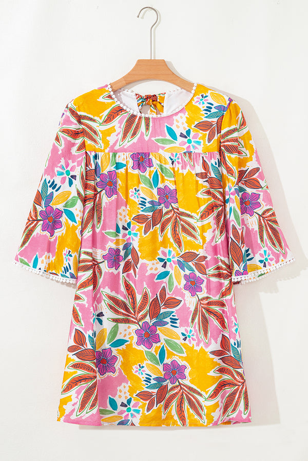 Floral Print Lace Trimmed Tie Back Bell Sleeve Swing Mini Dress