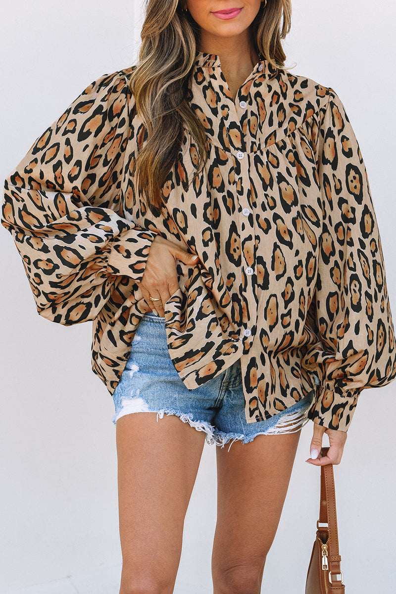 French Oversized Leopard Print Balloon Sleeve Casual Shirt