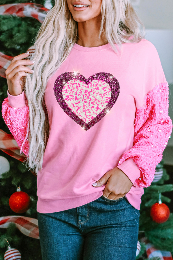 Leopard Heart Graphic Sequin Patchwork Long Sleeve Valentines Top