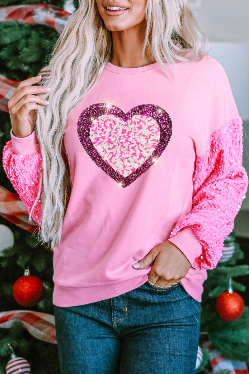 Leopard Heart Graphic Sequin Patchwork Long Sleeve Valentines Top