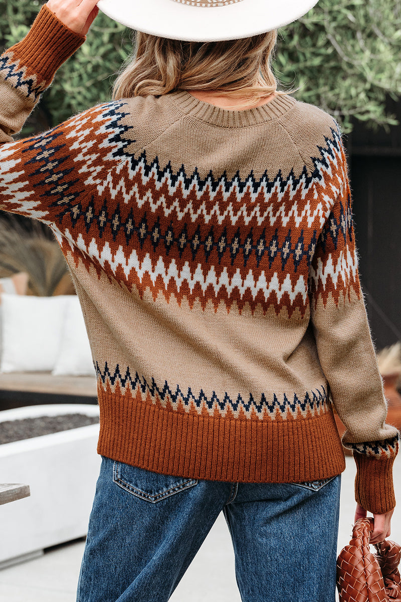 Aztec Print Colorblock Crew Neck Sweater