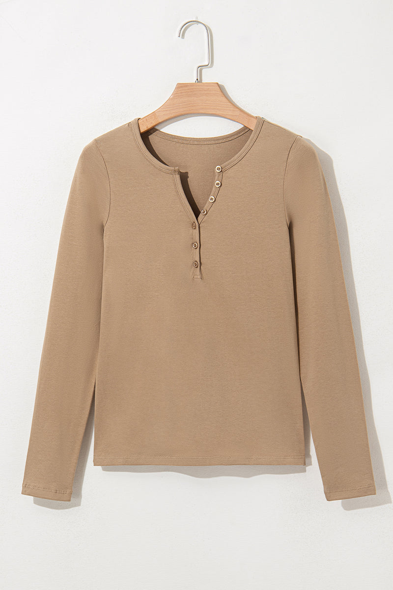 Solid Long Sleeve Buttons V Neck Slim Fit Top