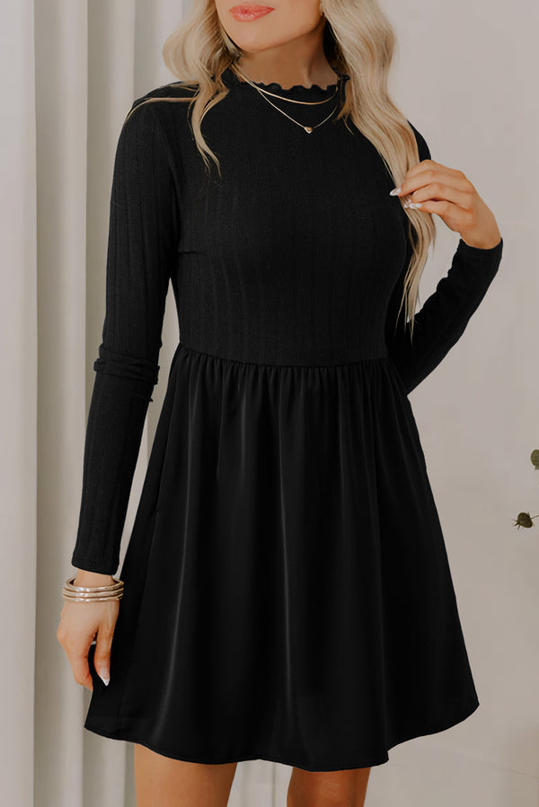 Frilled Neck Ribbed Knit Patchwork Long Sleeve Mini Dress