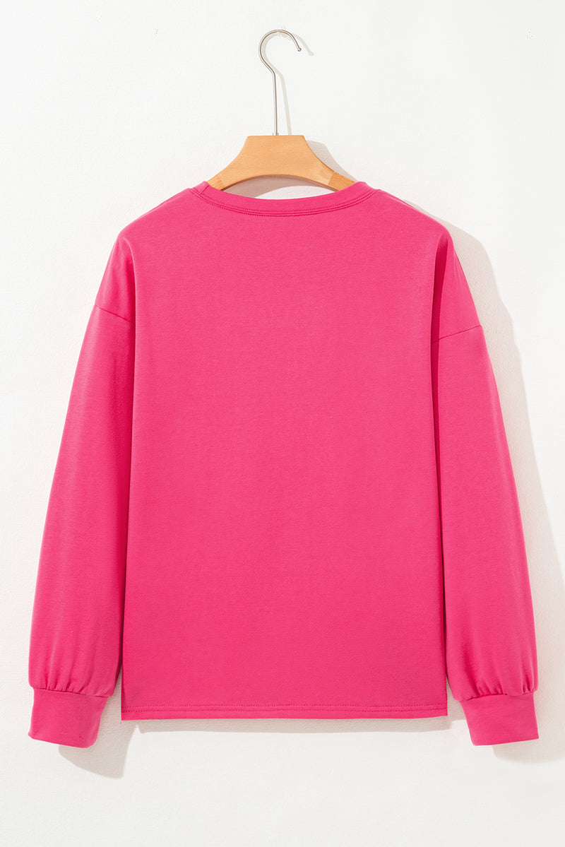 Dark Pink Floral Hemline Patchwork Round Neck Casual Top