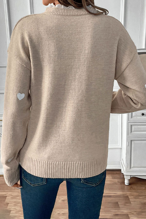 Heart Print Lace Splicing V Neck Valentines Sweater