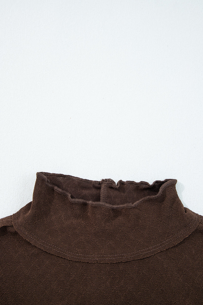 Brown Lettuce Trim Raw Seam Patchwork Jacquard Long Sleeve Top