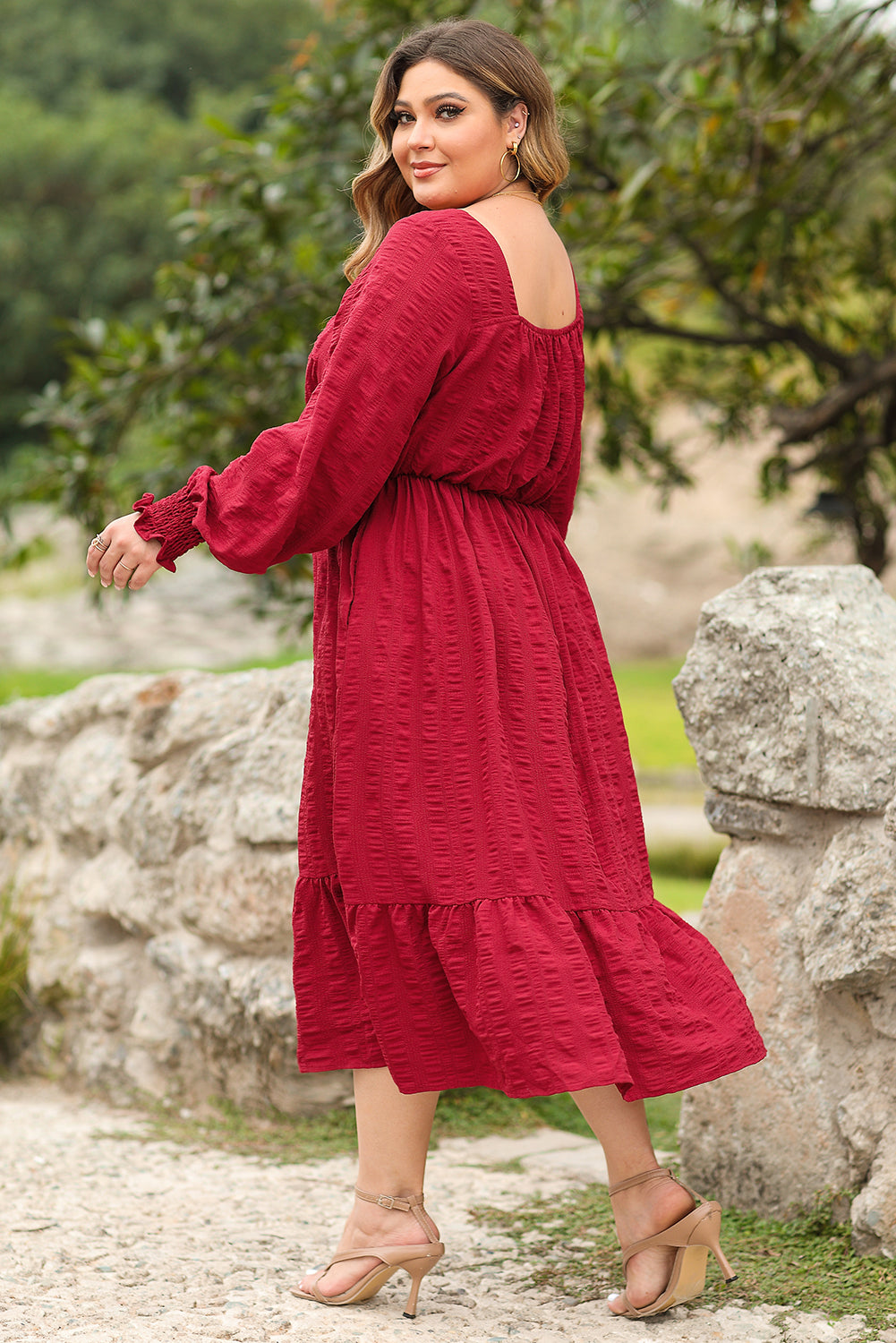 Solid Lace-up Ruched Front Long Sleeve Ruffle Hem Plus Size Midi Dress