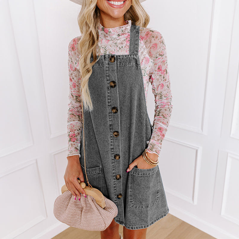 Wide Strap Button Front Pocketed Denim Mini Dress