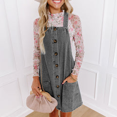 Wide Strap Button Front Pocketed Denim Mini Dress