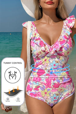 Floral Ruffle Trim V Neck Lace-up Back Tummy Control One Piece Swimsuit