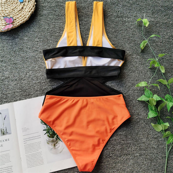 Colorblock Deep V-Neck Tummy Control One-Piece Swimsuit