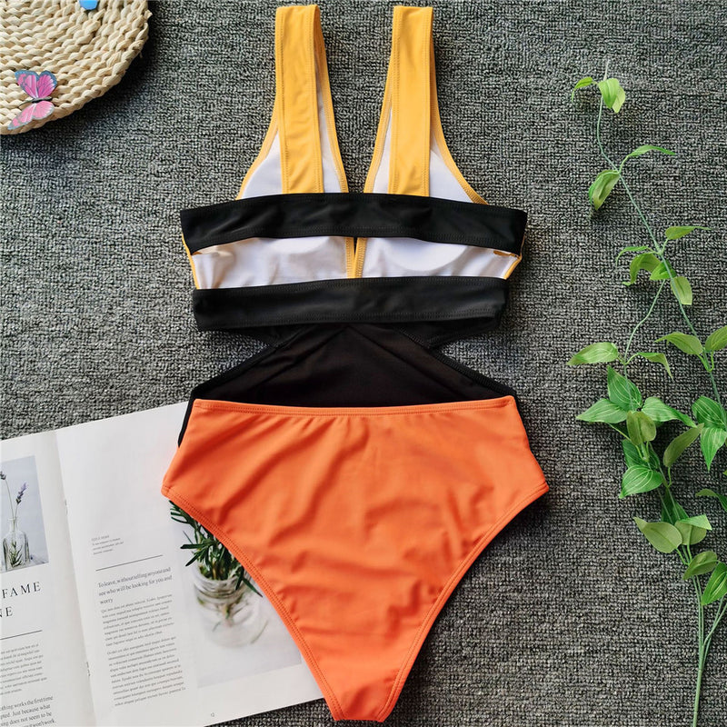 Colorblock Deep V-Neck Tummy Control One-Piece Swimsuit