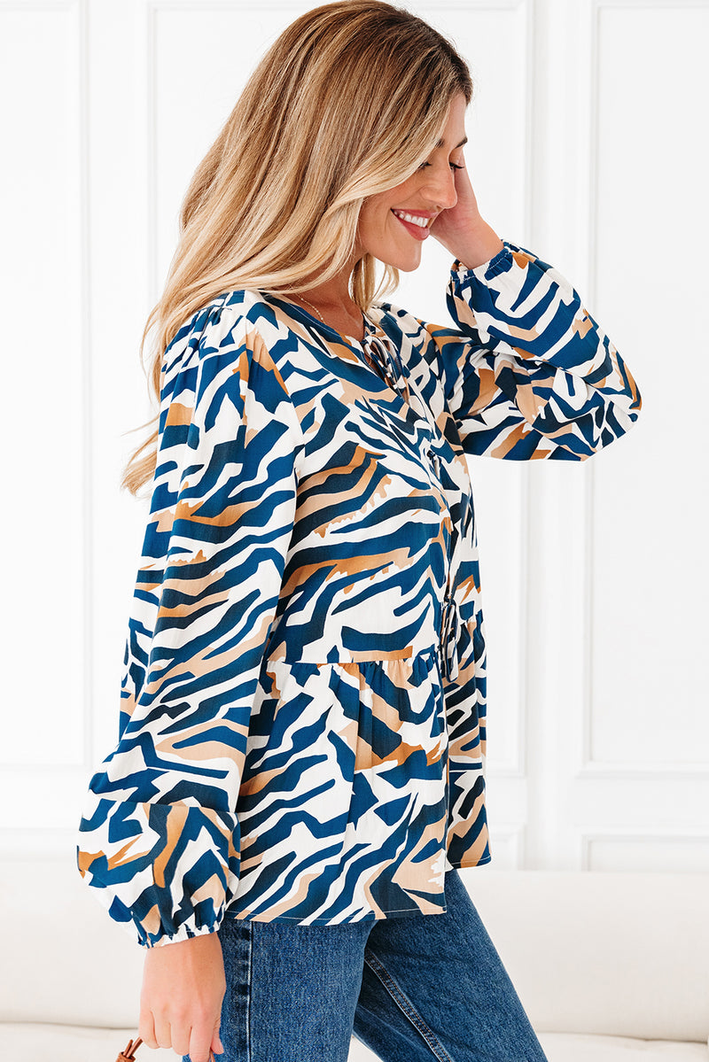 Zebra Print Tied Front Puff Sleeve Top